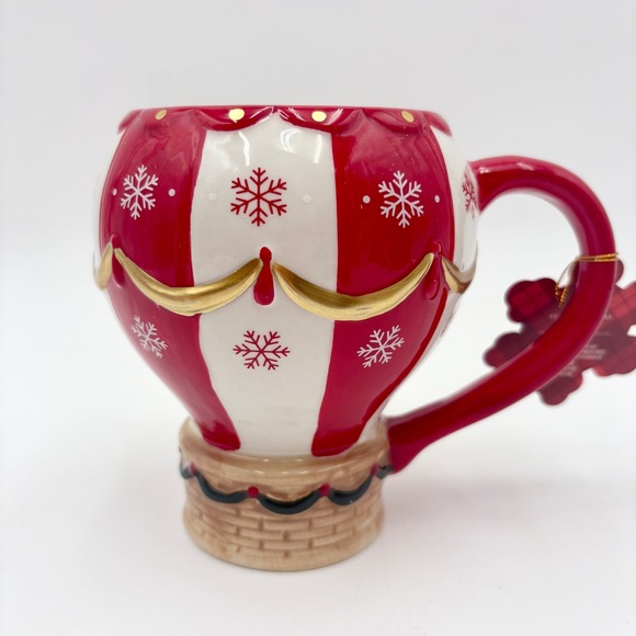 Other - Christmas Hot Air Balloon Mug Festive Snowflake Design Red White Gold Handle